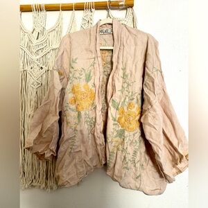 Magnolia Pearl Embroidered Linen Sunflower Kimono One Size